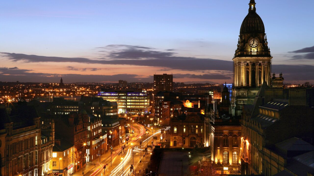Headrow and town hall at night in Leeds