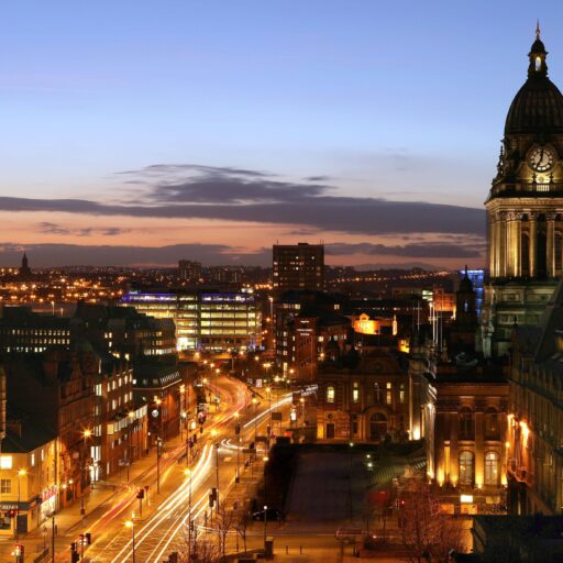 Headrow and town hall at night in Leeds